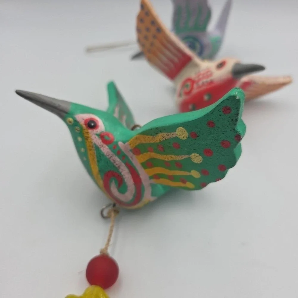 Vintage 3 Wooden Bird And Copper Bell Christmas Ornaments Beaded Tree Decor